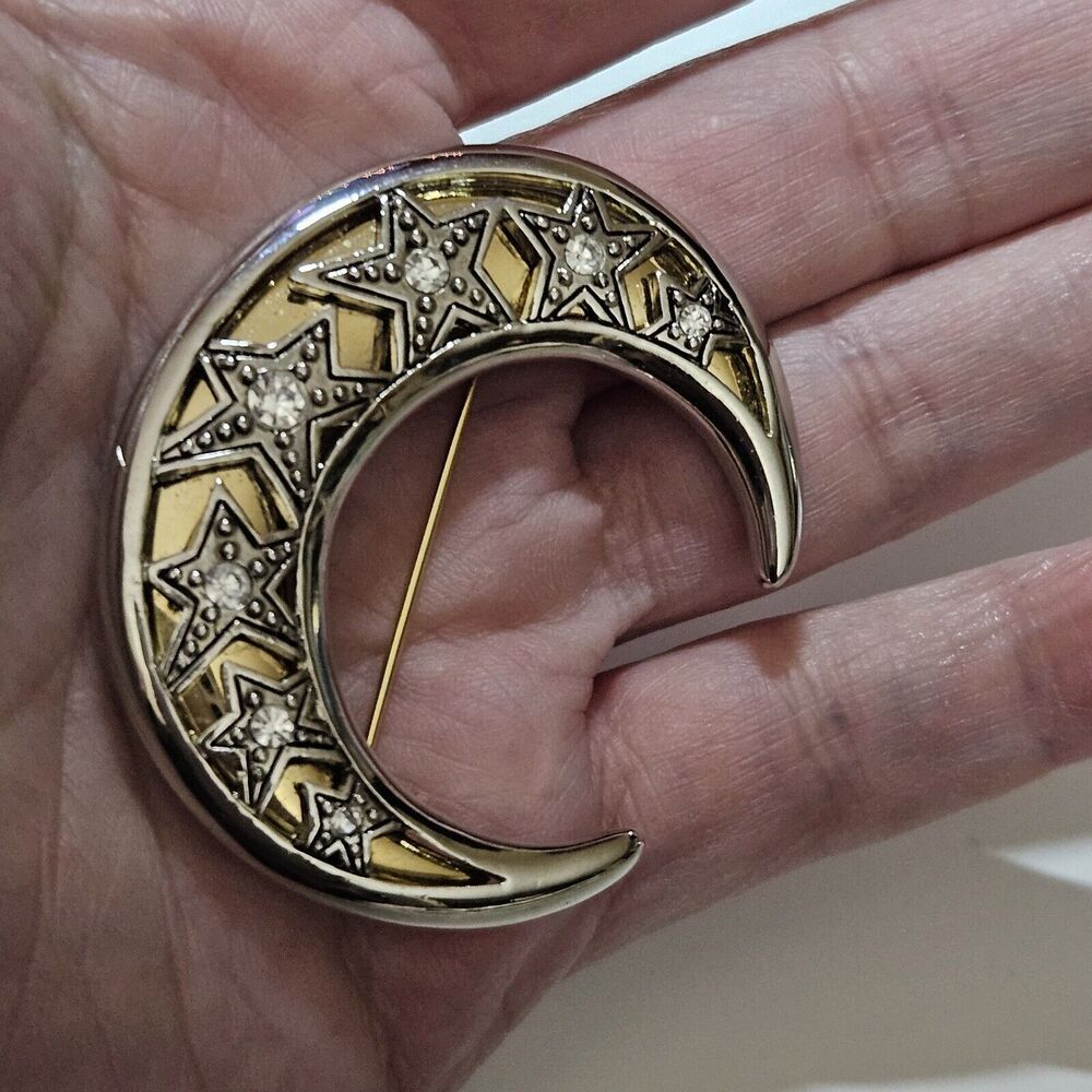 Vintage Two-tone Moon And Stars With Clear Rhinestones Brooch